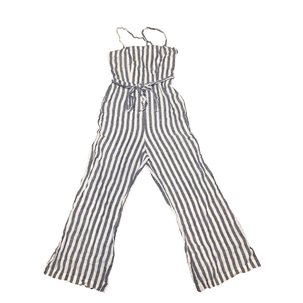 Linen Stripe Jumpsuit Wide Leg Coastal Minimalist Olivaceous XS